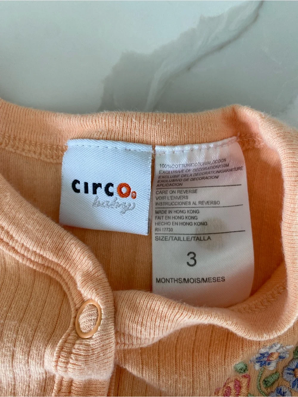 Vtg Circo Baby Peach 3 Months Floral Embroidered Ribbed Bodysuit